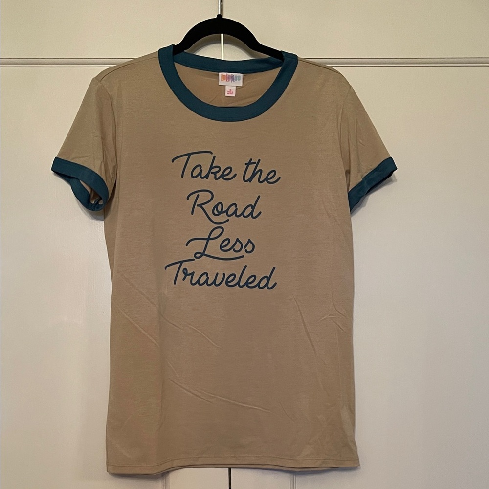 Lularoe Ringer Tan Graphic Tee with Blue Accents